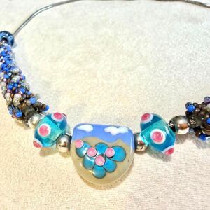 Blue and pink beaded necklace with 925 silver accents Artisan Lampwork Glass Nec